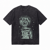 Vintage Acid Wash Surreal Single Eyeball Brick Figure Graphic Tee | Dark Grunge "Art That Kills" Unisex Oversized Heavy Cotton Distressed Black Streetwear T-Shirt