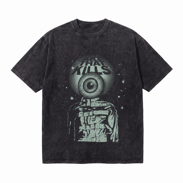 Vintage Acid Wash Surreal Single Eyeball Brick Figure Graphic Tee | Dark Grunge "Art That Kills" Unisex Oversized Heavy Cotton Distressed Black Streetwear T-Shirt