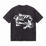 Vintage Acid Wash Retro Movie Fight Silhouette Graphic Tee | Y2K Halftone Star Bold Text Unisex Oversized Heavy Cotton Distressed Black Streetwear T-Shirt