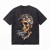 Vintage Acid Wash Bottle Cap Crown Skull Pearl Chain Graphic Tee | Streetwear "Lawless Row" Unisex Oversized Heavy Cotton Distressed Black Hip Hop T-Shirt