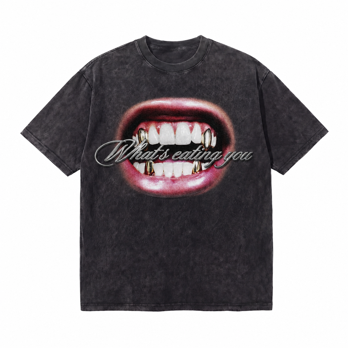 Vintage Acid Wash Gold Fangs Grillz What's Eating You Metal Cursive Oversized Hip Hop Street T-Shirt