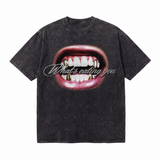 Vintage Acid Wash Gold Fangs Grillz What's Eating You Metal Cursive Oversized Hip Hop Street T-Shirt