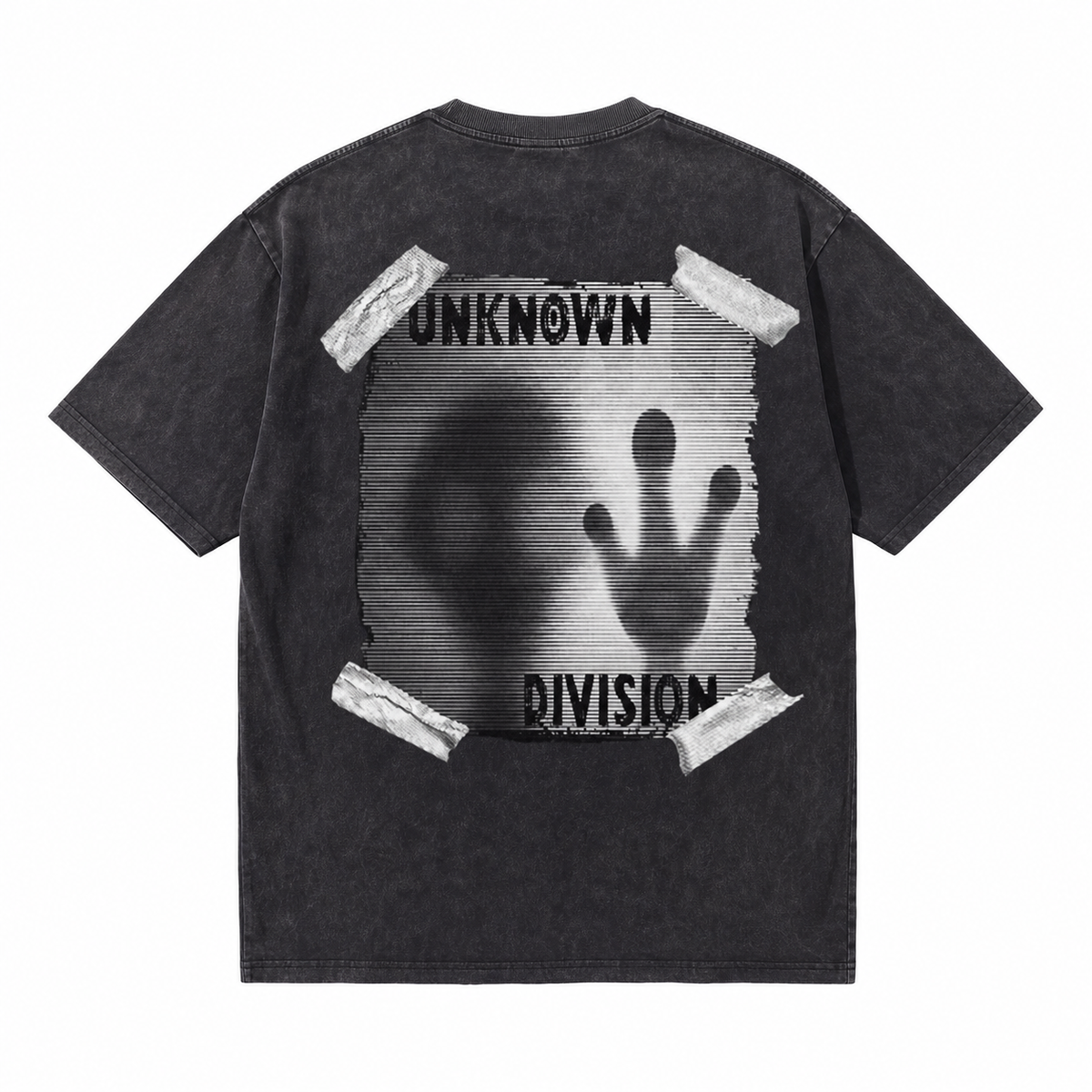 Vintage Acid Wash Back Print Tape Frame Shadow Hand Unknown Division Distressed Punk Oversized Street T-Shirt