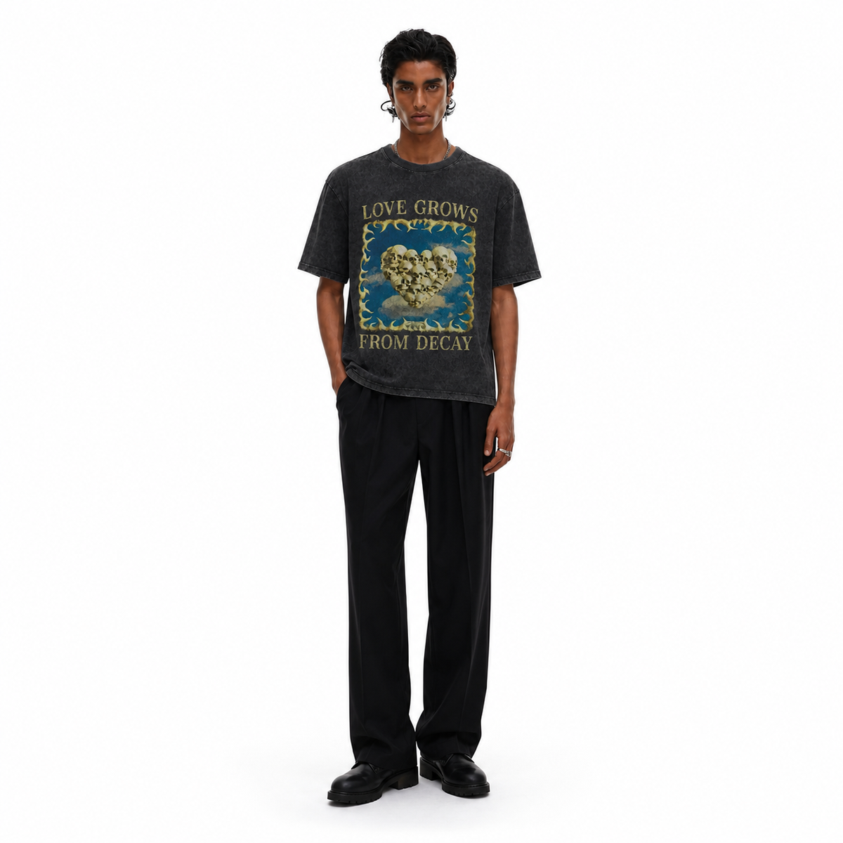 Vintage Acid Wash Skull Heart Graphic Tee | Dark Gothic Love Grows From Decay Unisex Oversized Heavy Cotton Distressed Black Streetwear T-Shirt