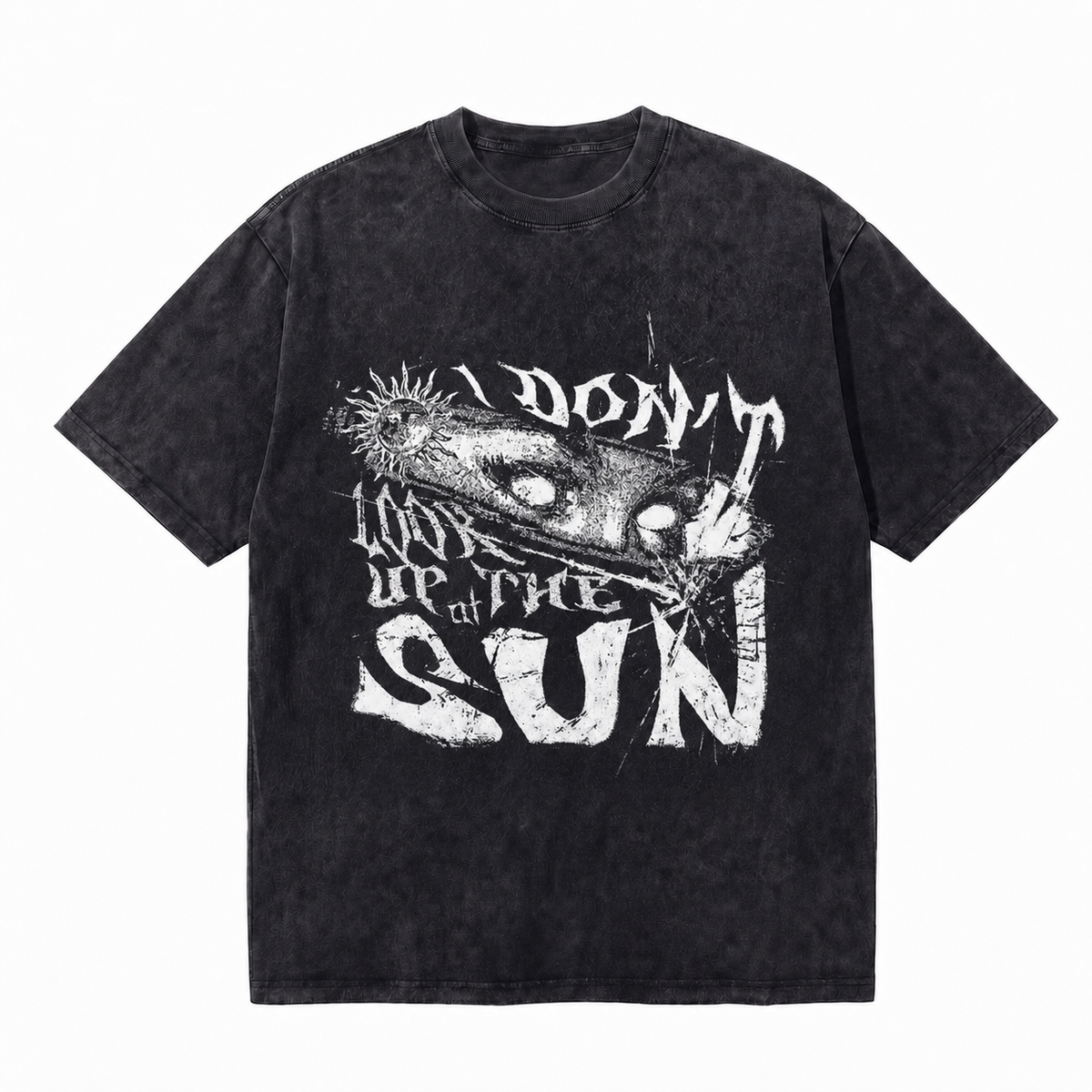 Vintage Acid Wash Cracked Glass Eye Sun I DON’T LOOK UP AT THE SUN Death Metal Graphic Oversized Grunge Street T-Shirt