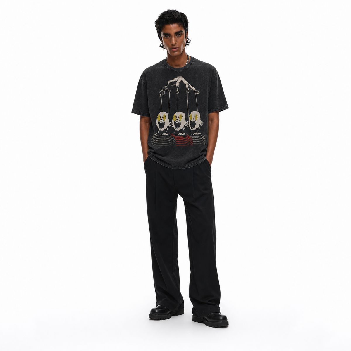 Vintage Acid Wash Puppeteer Hand Dollar Eyes Kids Anti-Capitalism Graphic Oversized Street T-Shirt