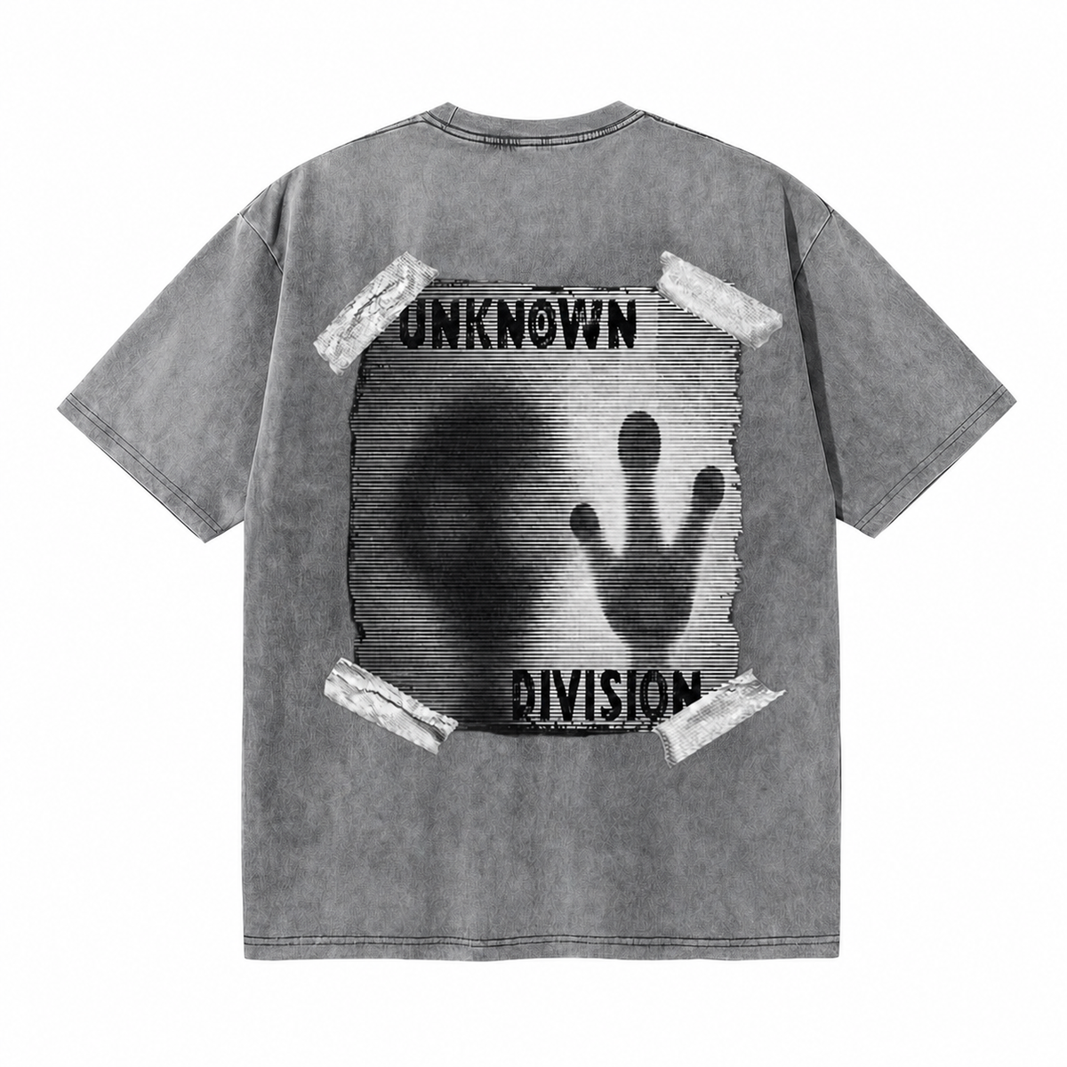 Vintage Acid Wash Back Print Tape Frame Shadow Hand Unknown Division Distressed Punk Oversized Street T-Shirt