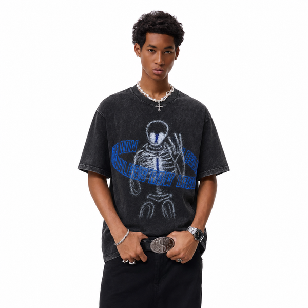 LAWLESSROW Neon Blue Loop Text Skeleton Graphic Tee - hover