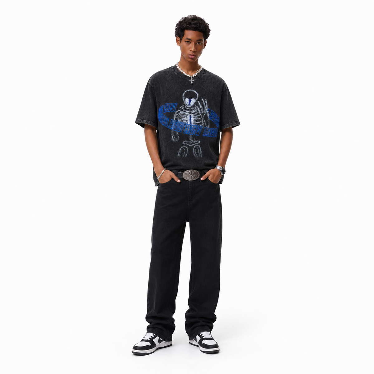 Vintage Acid Wash Glitch Skeleton Lawless Row Graphic Tee | Cyber Punk Dark Grunge Unisex Oversized Heavy Cotton Distressed Black Streetwear T-Shirt
