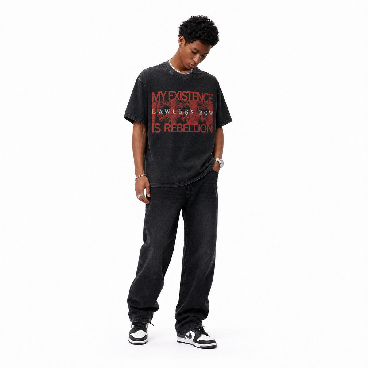Vintage Acid Wash "My Existence Is Rebellion" Lawless Row Grunge Text Graphic Tee | Unisex Oversized Heavy Cotton Distressed Black Punk Streetwear T-Shirt