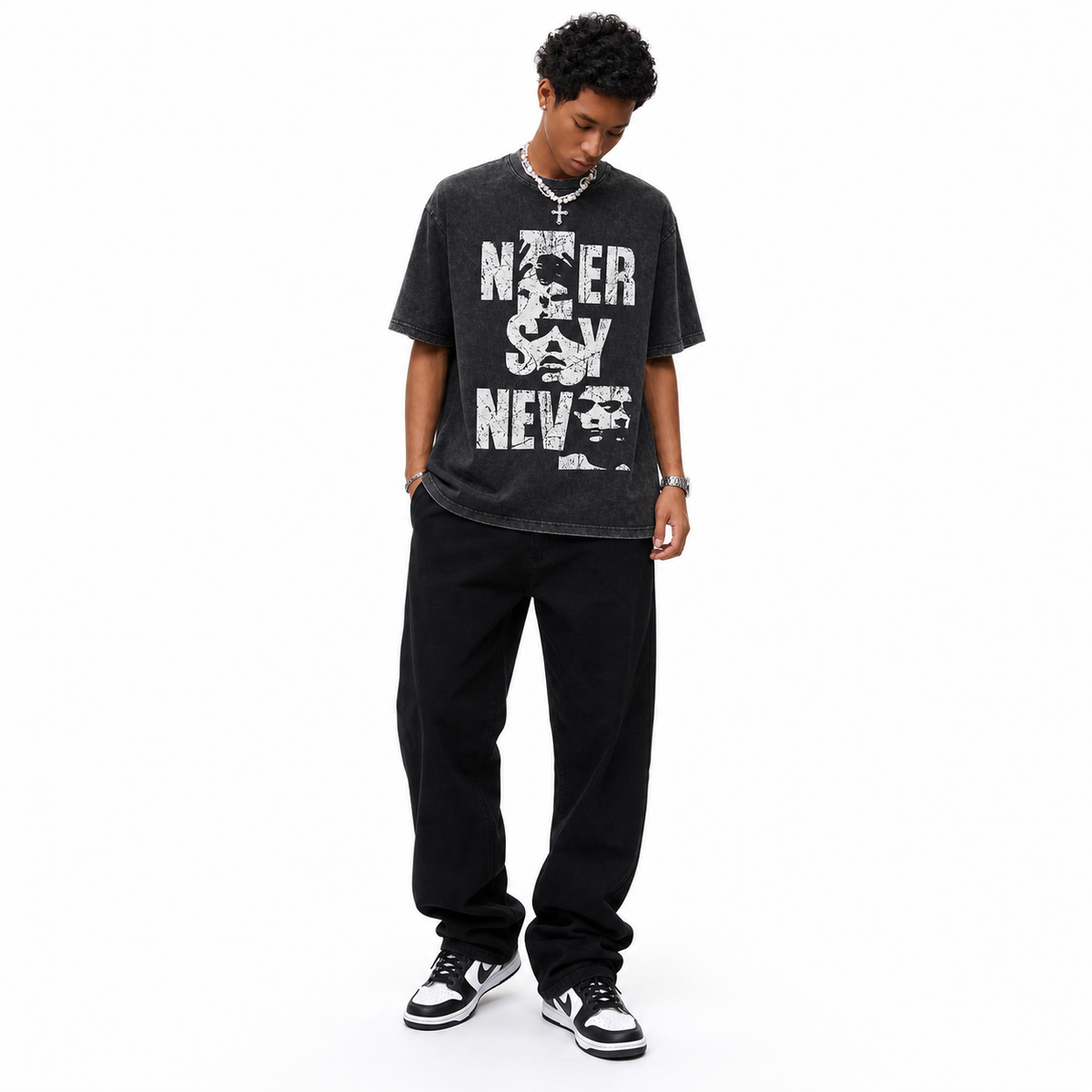 Acid Wash Never Say Never Distressed Font Embedded Face Graphic Oversized Grunge Street T-Shirt