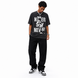Acid Wash Never Say Never Distressed Font Embedded Face Graphic Oversized Grunge Street T-Shirt
