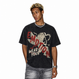 Vintage Acid Wash Cupid Heart Wear Your Emotion Distressed Graffiti Graphic Oversized Y2K Street T-Shirt