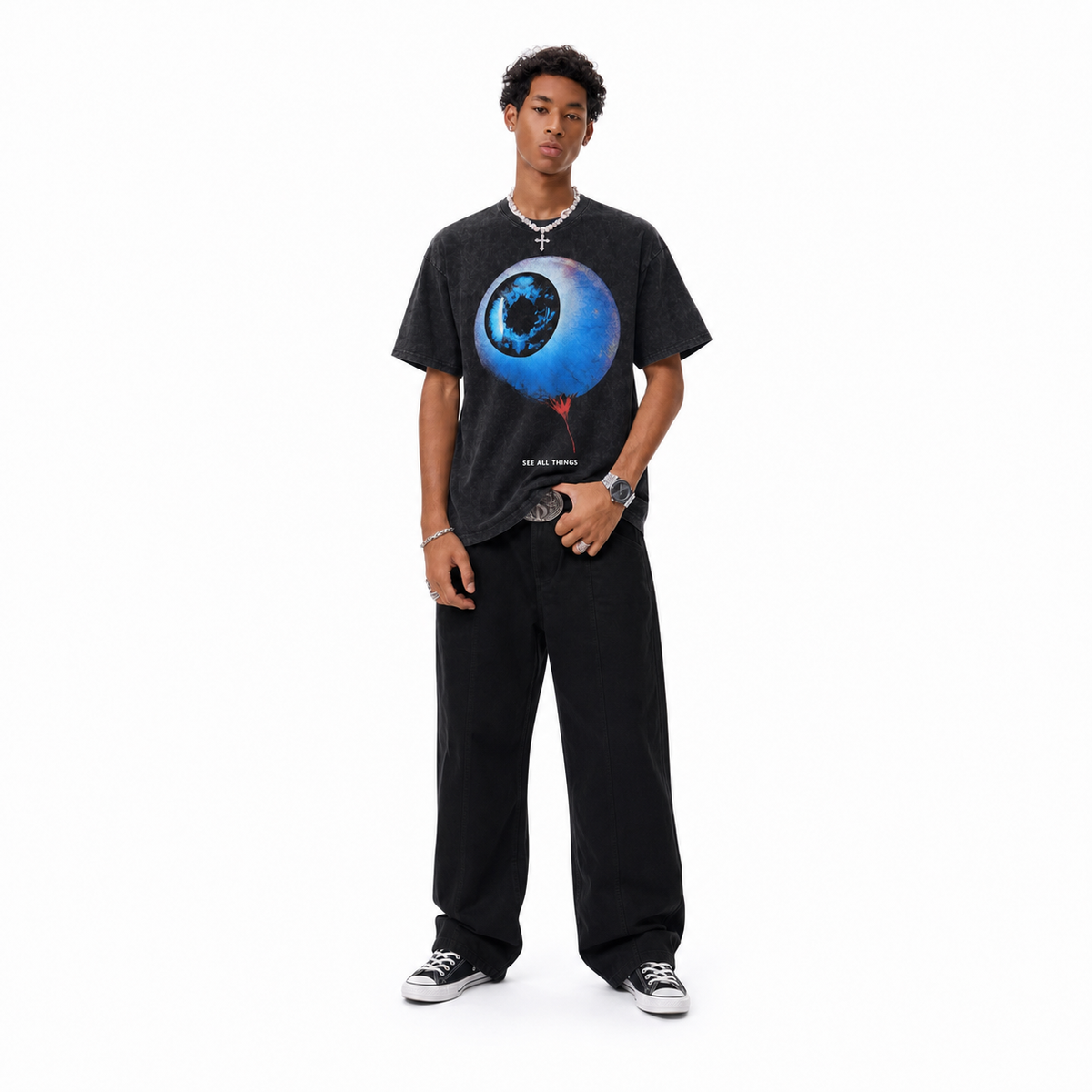 Vintage Acid Wash Surreal Eyeball Balloon SEE ALL THINGS Dark Psychedelic Graphic Oversized Street T-Shirt