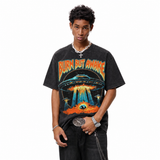 Vintage Acid Wash UFO Alien Fire Beam Graphic Tee | Retro Metal "Burn But Awake" Unisex Oversized Heavy Cotton Distressed Black Space Streetwear T-Shirt