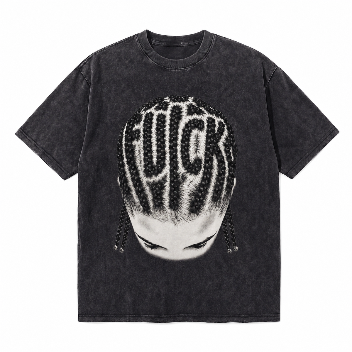Vintage Acid Wash Braided Hair Graphic T-Shirt | Streetwear Oversized Unisex Cotton Tee | Urban Hip Hop Fashion Heavyweight Graphic Shirt