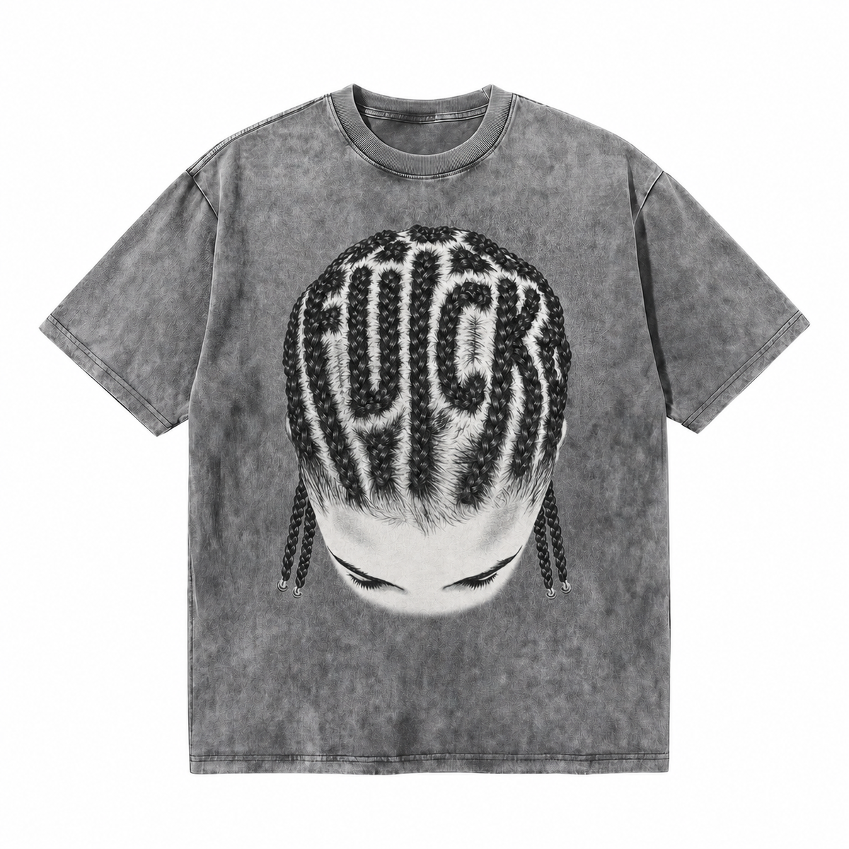 Vintage Acid Wash Braided Hair Graphic T-Shirt | Streetwear Oversized Unisex Cotton Tee | Urban Hip Hop Fashion Heavyweight Graphic Shirt
