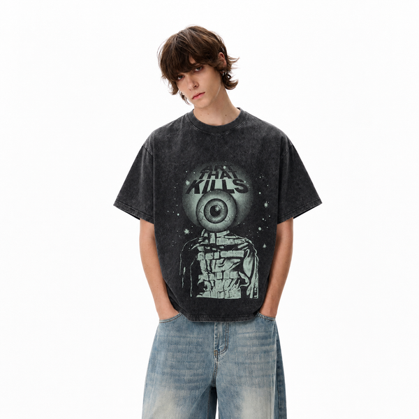 LAWLESSROW Green Grunge Alien Eye Slogan Collage Vintage Tee - hover