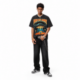 Vintage Acid Wash UFO Alien Fire Beam Graphic Tee | Retro Metal "Burn But Awake" Unisex Oversized Heavy Cotton Distressed Black Space Streetwear T-Shirt