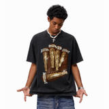 Vintage Acid Wash Iced Gold Bamboo Ring Hand Graphic Tee | Hip Hop Luxury Bling Unisex Oversized Heavy Cotton Distressed Black Streetwear T-Shirt