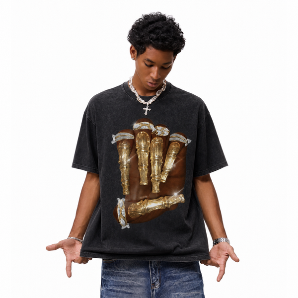LAWLESSROW Iced Gold Skeleton Hand Hip Hop Vintage Tee - hover