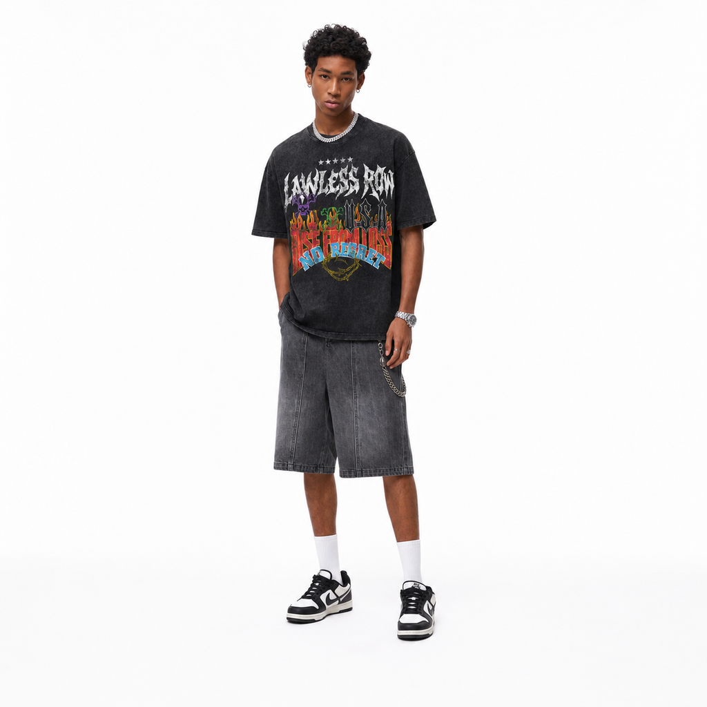 Vintage Acid Wash Flame Skull Barbed Wire Lawless Row Graphic Tee | Punk "Rise From Loss No Regret" USA Unisex Oversized Heavy Cotton Distressed Black Streetwear T-Shirt