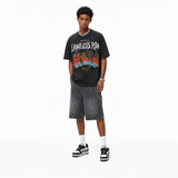 Vintage Acid Wash Flame Skull Barbed Wire Lawless Row Graphic Tee | Punk "Rise From Loss No Regret" USA Unisex Oversized Heavy Cotton Distressed Black Streetwear T-Shirt