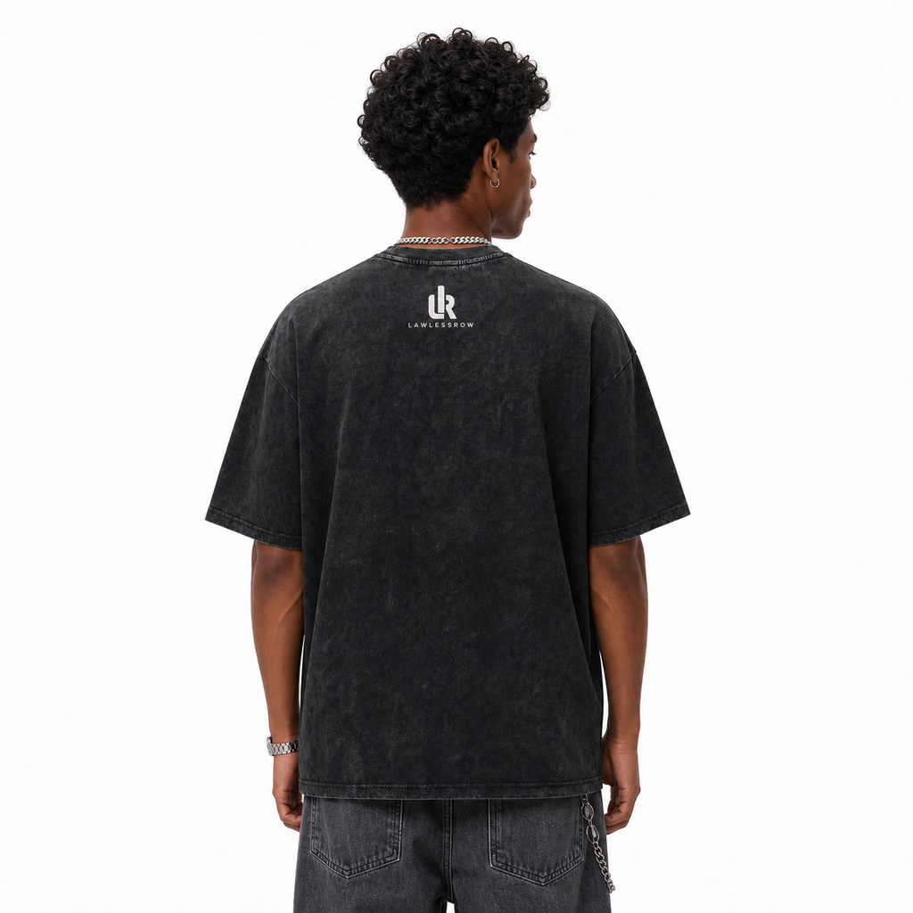 Vintage Acid Wash Flame Skull Barbed Wire Lawless Row Graphic Tee | Punk "Rise From Loss No Regret" USA Unisex Oversized Heavy Cotton Distressed Black Streetwear T-Shirt