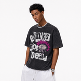 Vintage Acid Wash Pink Mohawk Skull Punks Not Dead Graphic Tee | Retro Punk Rock Unisex Oversized Heavy Cotton Distressed Black Streetwear T-Shirt