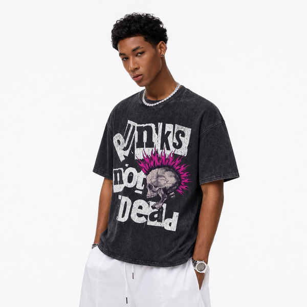 LAWLESSROW Punks Not Dead Pink Mohawk Skull Vintage Tee - hover