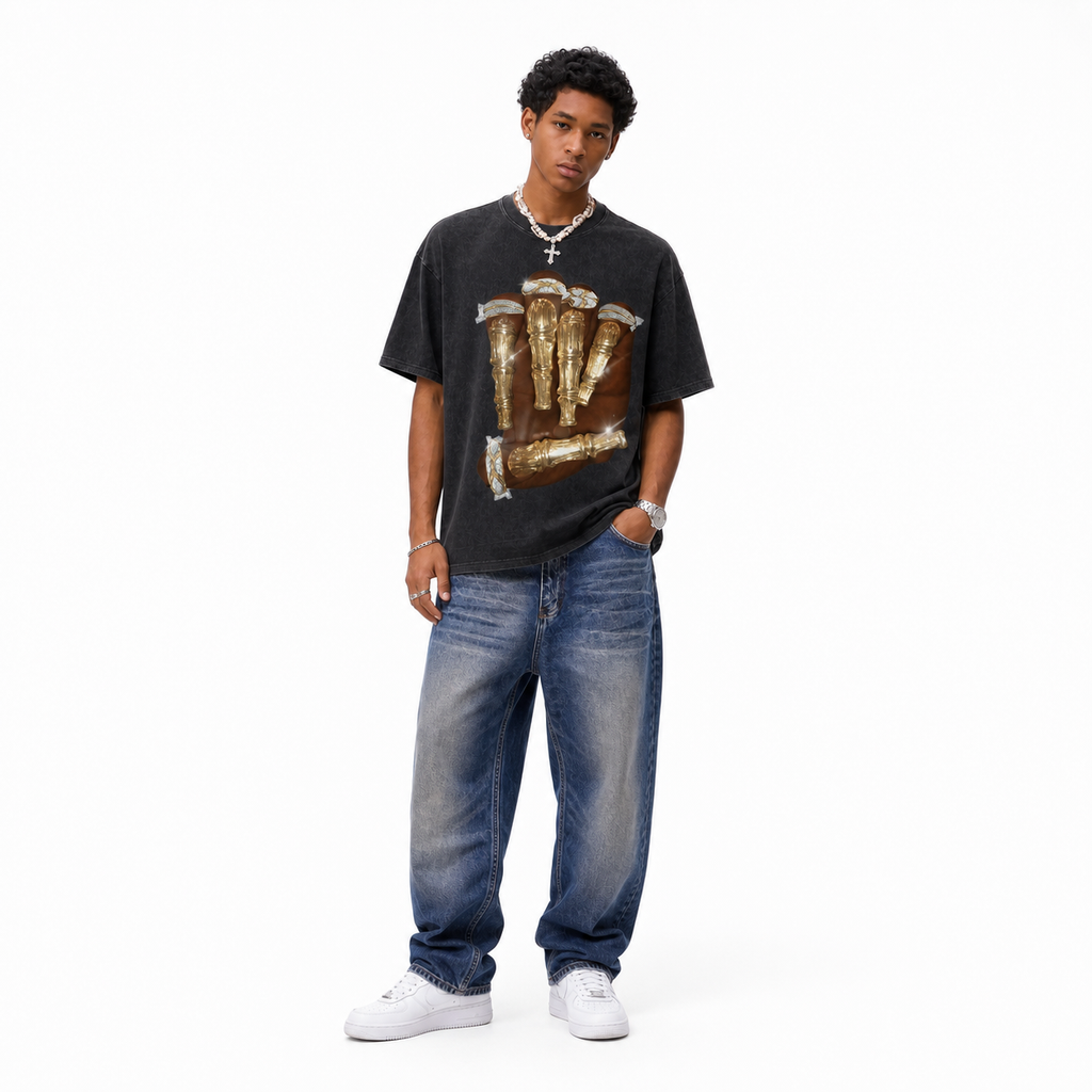 Vintage Acid Wash Iced Gold Bamboo Ring Hand Graphic Tee | Hip Hop Luxury Bling Unisex Oversized Heavy Cotton Distressed Black Streetwear T-Shirt