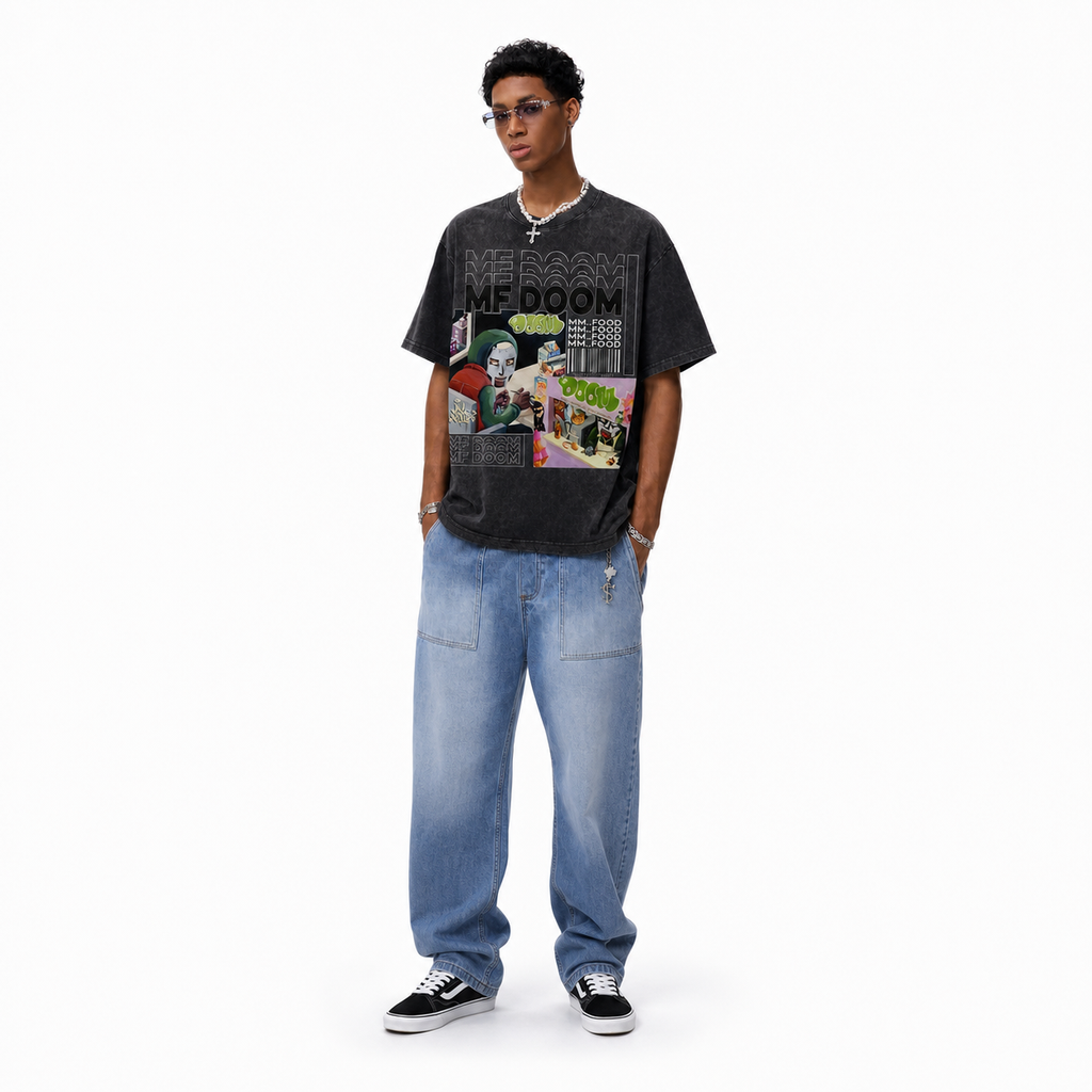 Vintage Acid Wash MF DOOM Mm..Food Collage Rap Graphic Oversized Hip Hop Street T-Shirt