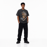 Vintage Acid Wash Bottle Cap Crown Skull Pearl Chain Graphic Tee | Streetwear "Lawless Row" Unisex Oversized Heavy Cotton Distressed Black Hip Hop T-Shirt
