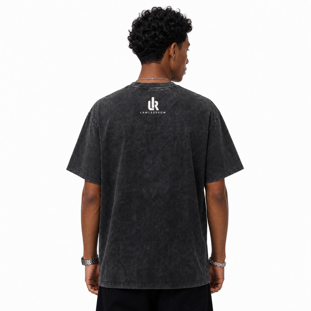 Vintage Acid Wash Bottle Cap Crown Skull Pearl Chain Graphic Tee | Streetwear "Lawless Row" Unisex Oversized Heavy Cotton Distressed Black Hip Hop T-Shirt