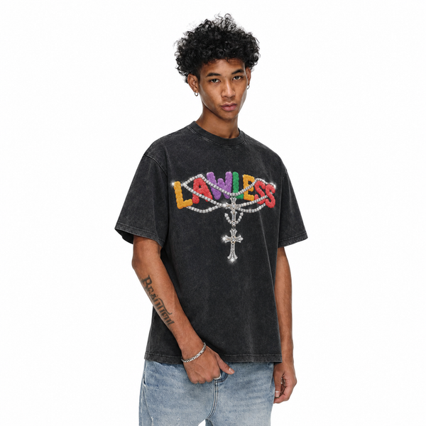 LAWLESSROW Diamond Cross Bubble Text Vintage Tee - hover