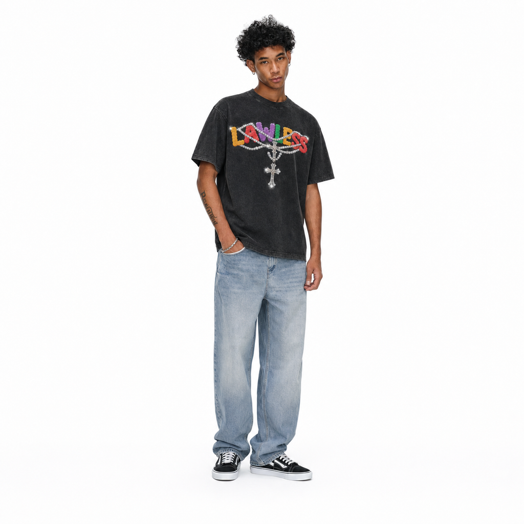 Vintage Acid Wash LAWLESS Rainbow Puff Letter Rhinestone Cross Chain Graphic Oversized Y2K Street T-Shirt