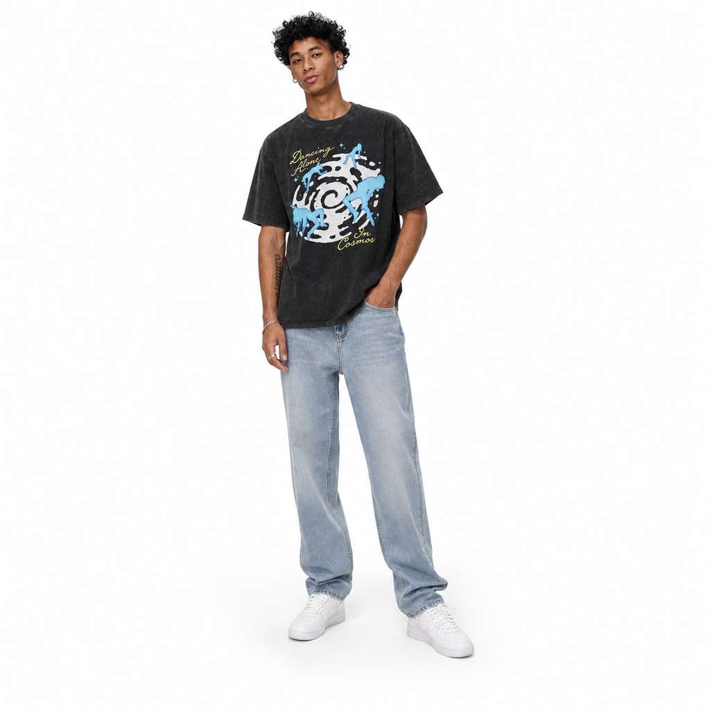 Vintage Acid Wash Dancing Alone In Cosmos Swirl Space Fluid Dancer Silhouette Graphic Oversized Dream Street T-Shirt