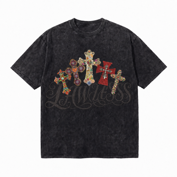 Vintage Acid Wash Multi Color Gem Ornate Cross LAWLESS Script Oversized West Coast Street T-Shirt