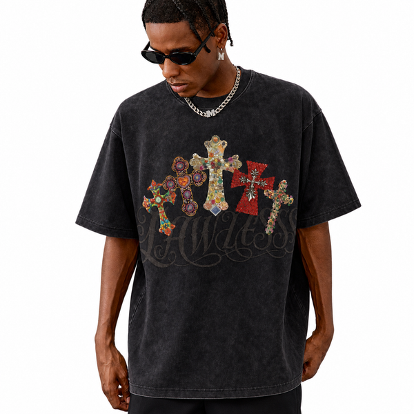 LAWLESSROW Colorful Gem Crosses Script Logo Collage Vintage Tee - hover
