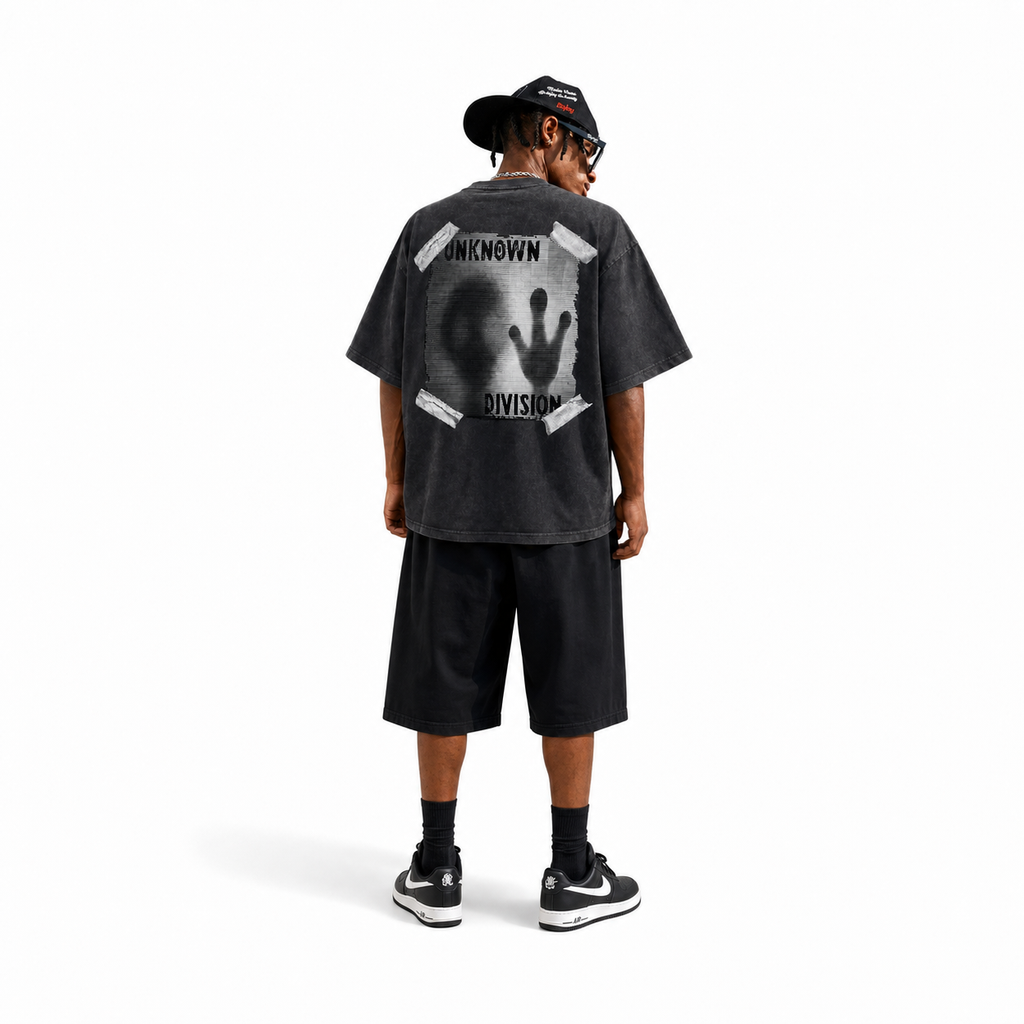 Vintage Acid Wash Back Print Tape Frame Shadow Hand Unknown Division Distressed Punk Oversized Street T-Shirt