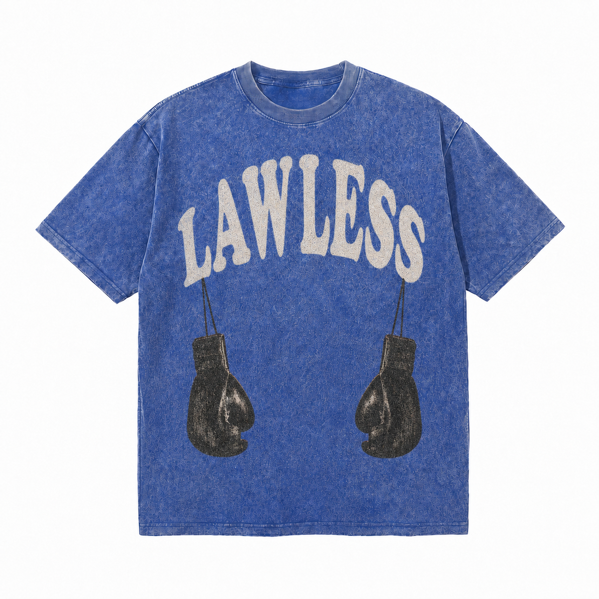 LAWLESSROW Vintage Hanging Black Boxing Gloves Retro Blue Acid Wash Tee