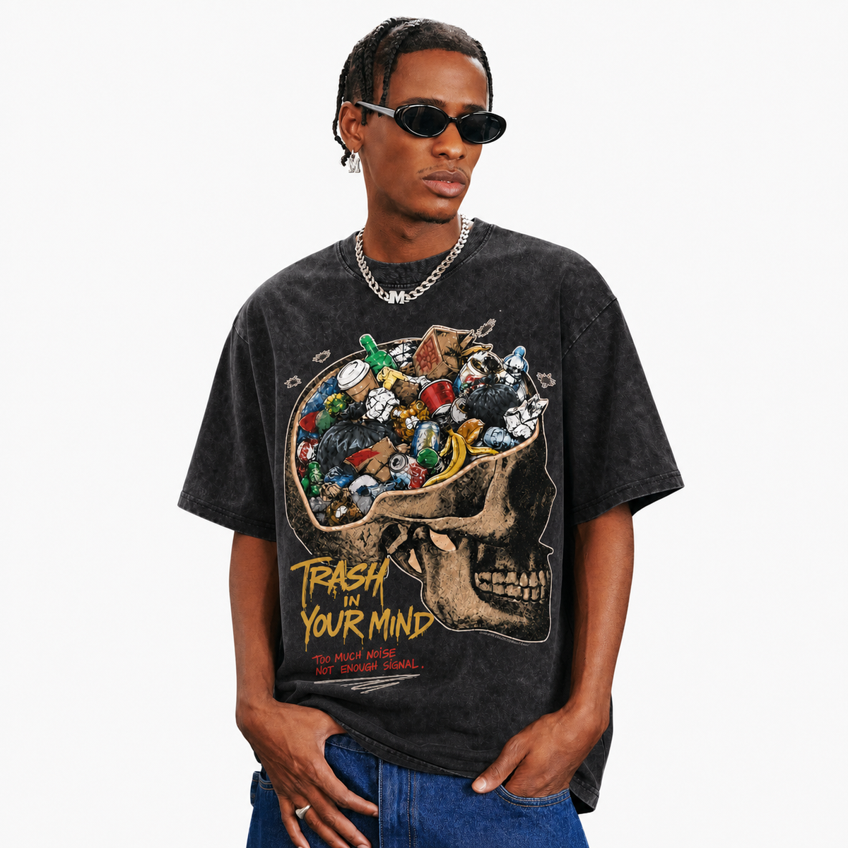 LAWLESSROW Waste Full Skeleton Side Profile Grunge Slogan Collage Vintage Tee