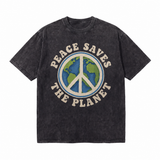 LAWLESSROW Peace Saves The Planet Earth Peace Symbol Retro Vintage Tee