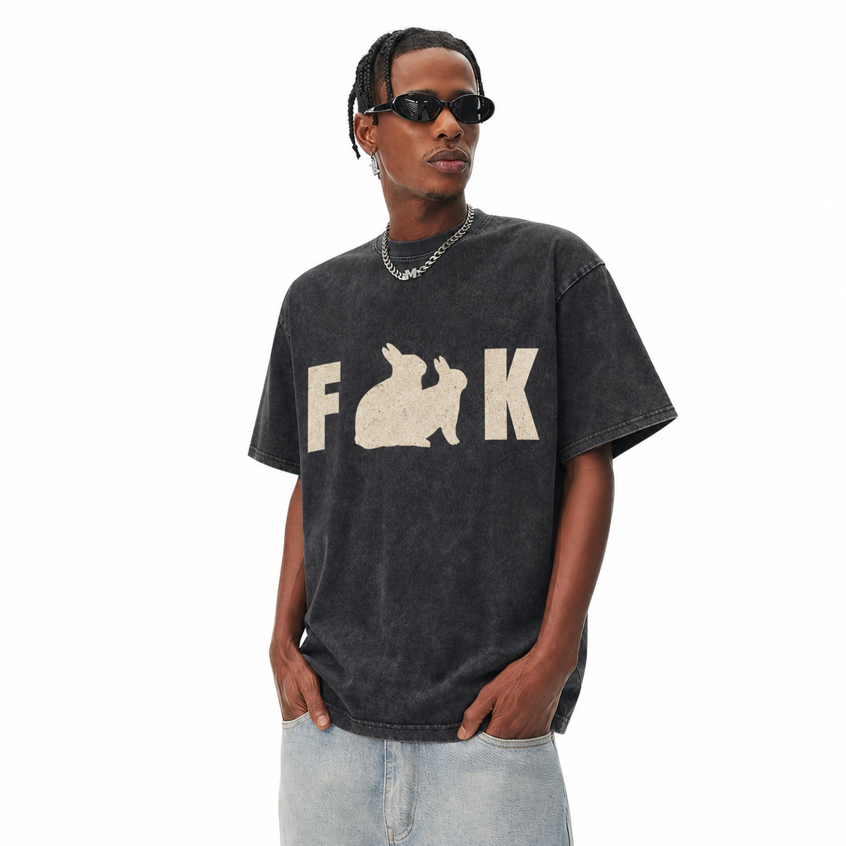 LAWLESSROW F & K Two Rabbit Silhouette Hidden Slogan Vintage Tee