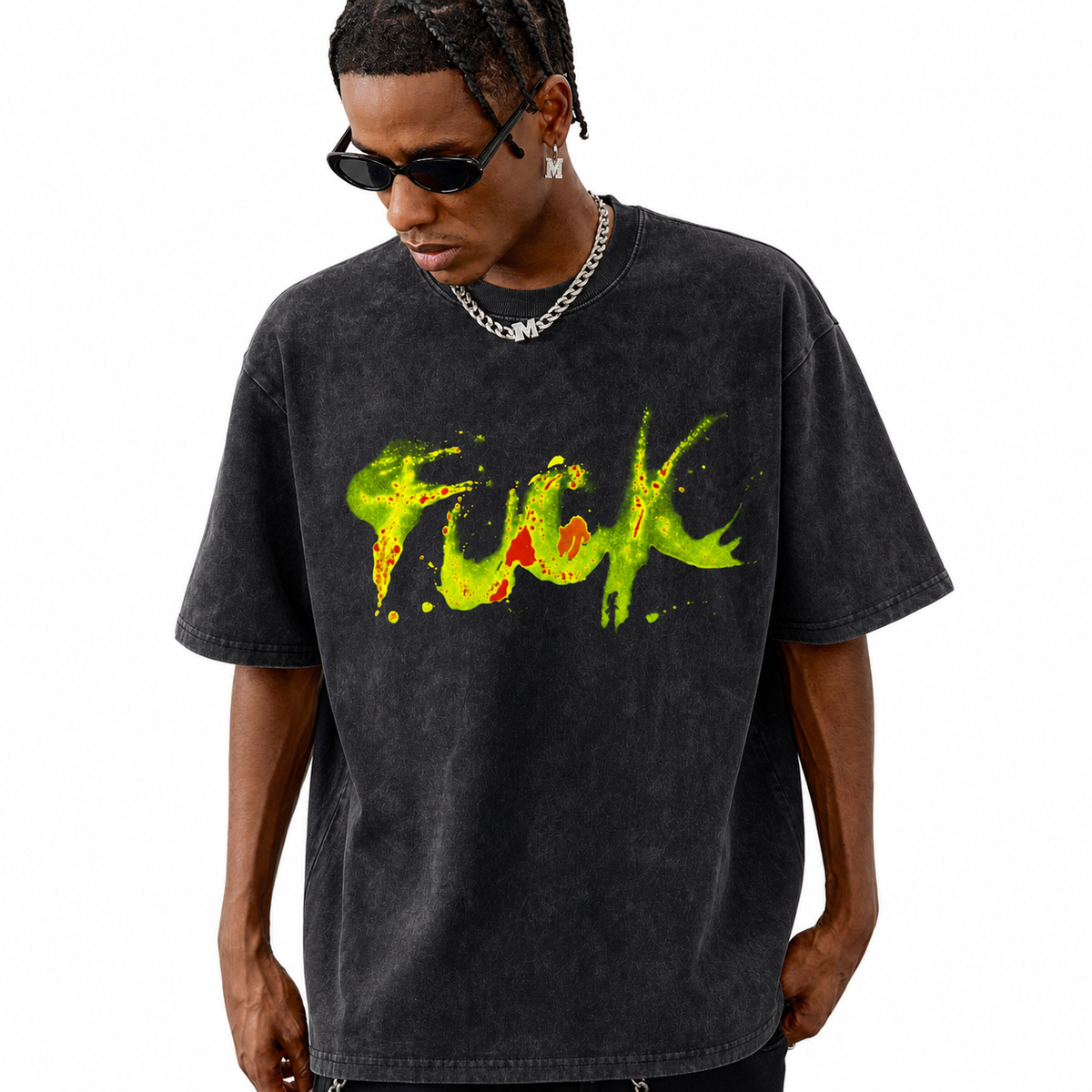 LAWLESSROW Neon Green Paint Splatter Graffiti Bold Text Vintage Tee