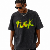 LAWLESSROW Neon Green Paint Splatter Graffiti Bold Text Vintage Tee