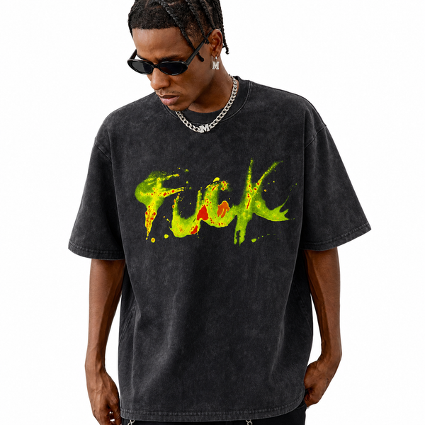 LAWLESSROW Neon Green Paint Splatter Graffiti Bold Text Vintage Tee - hover