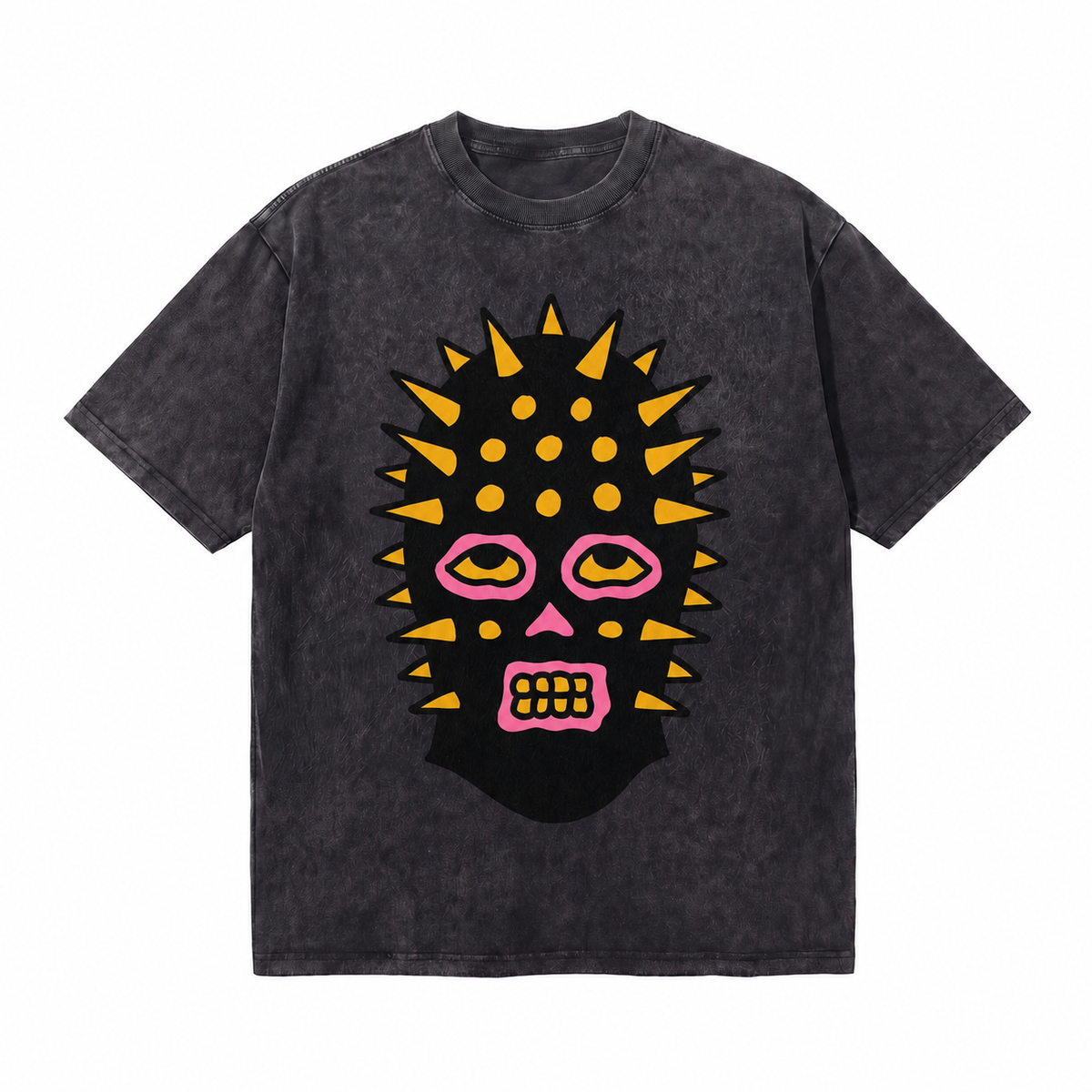 LAWLESSROW Spiked Balaclava Mask Bold Cartoon Graffiti Vintage Washed Tee