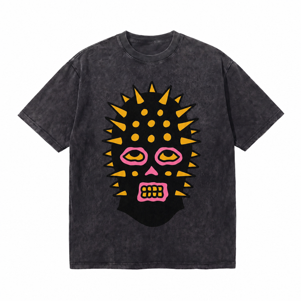 LAWLESSROW Spiked Balaclava Mask Bold Cartoon Graffiti Vintage Washed Tee