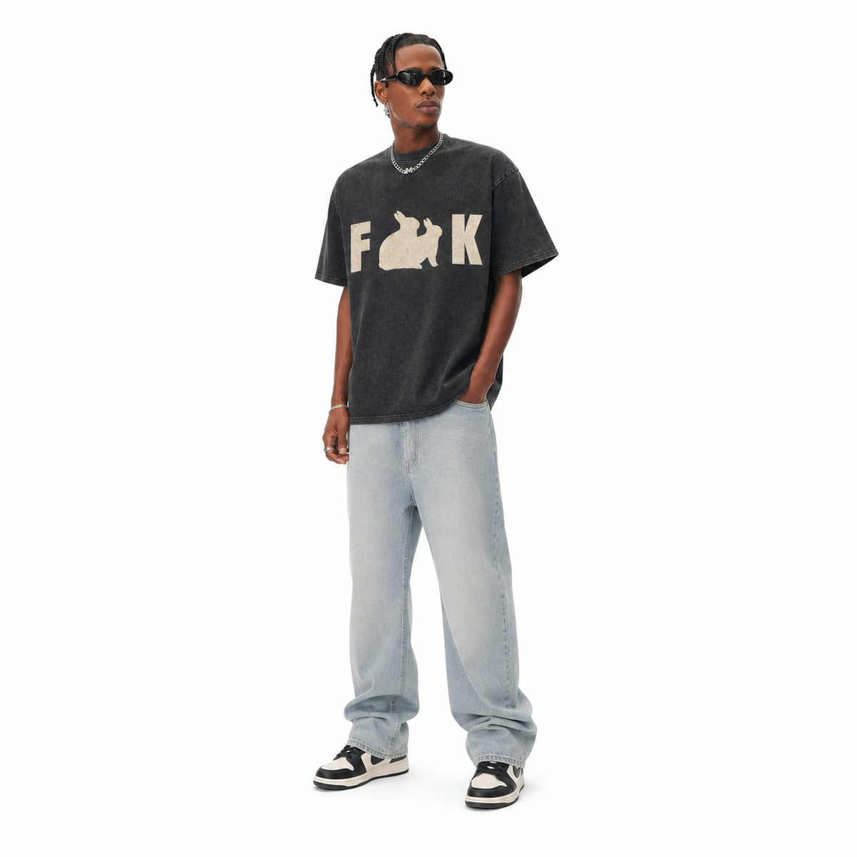 LAWLESSROW F & K Two Rabbit Silhouette Hidden Slogan Vintage Tee